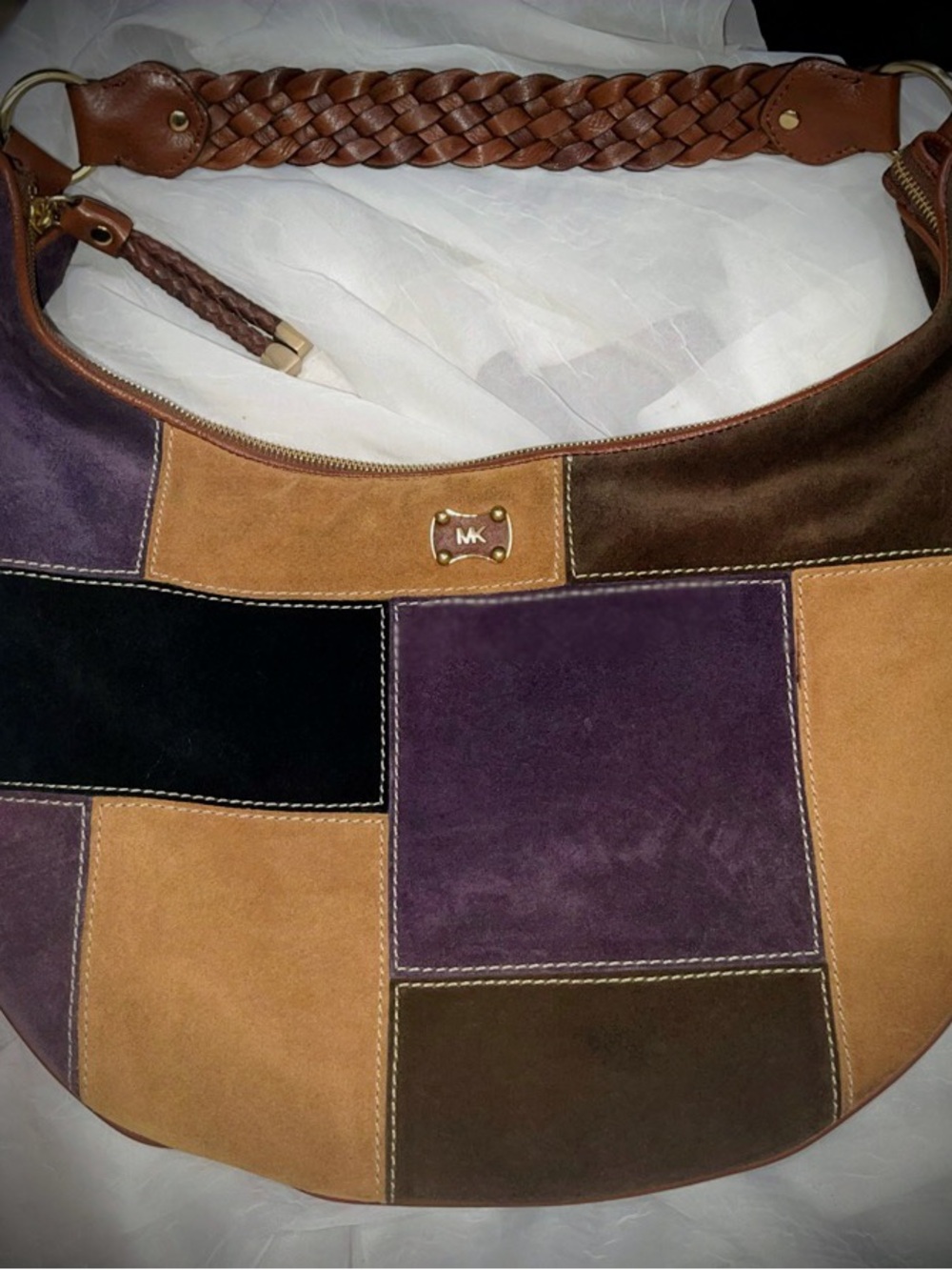 Michael Kors Patchwork Suede Shoulder Bag in Tan, Purple, Brown, Black